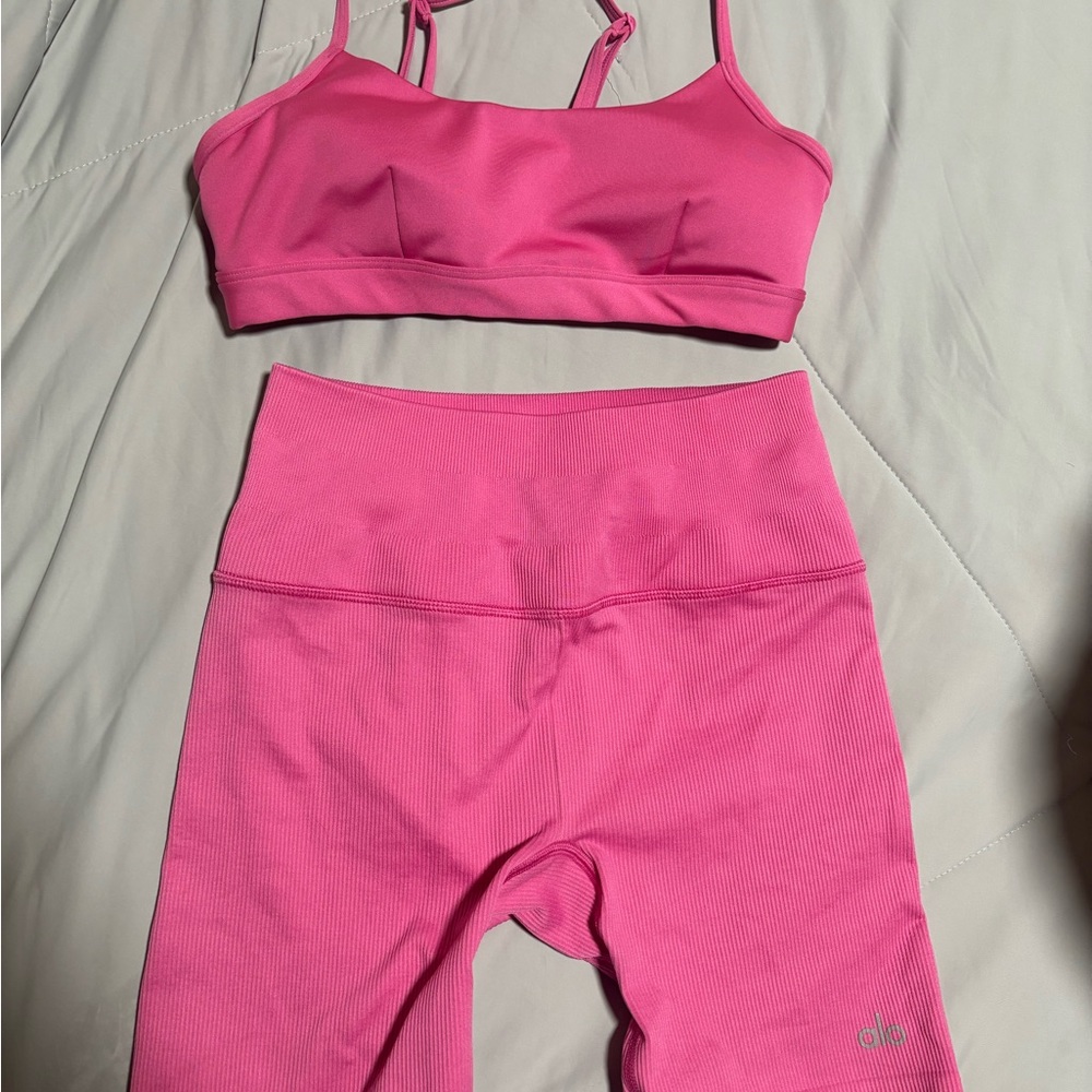 ALO Yoga Vibrant Pink Sports Bra and Biker Short Set XS